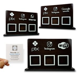 15323776955-woodbarkcapa.jpg Placa 3 QR display balcão Amadeirado PIX INSTA WHATS WIFI