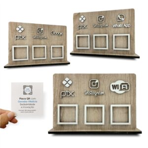 15323784268-driftwood-capa1.jpg Placa 3 QR display balcão Madeira Clara PIX INSTA WHATS WIFI